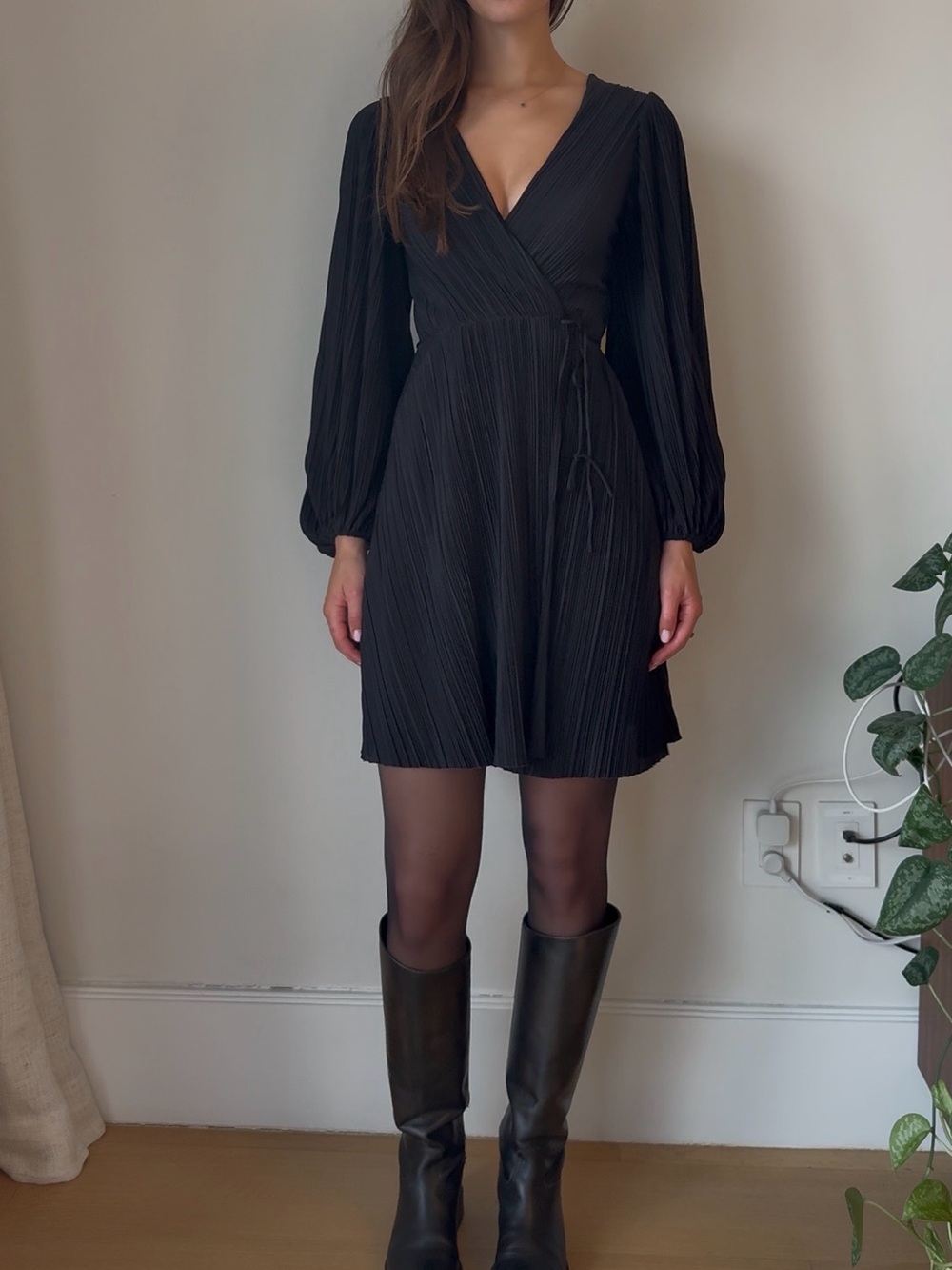 Black Pleated Wrap Mini Dress with Long Sleeves